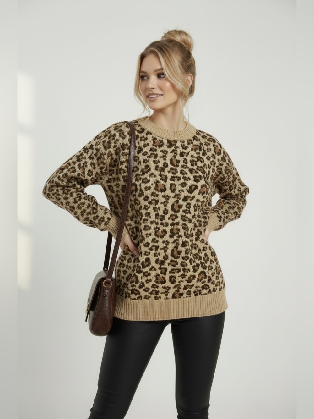 American Eagle Outfitters Leopard Print Crewneck Sweater - Beige and Brown